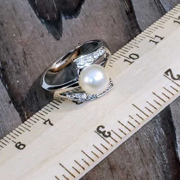 Silver Platinum Plated Austrian Crystal and Pink Cultured Pearl Ring Size 8 - Picture 8 of 8
